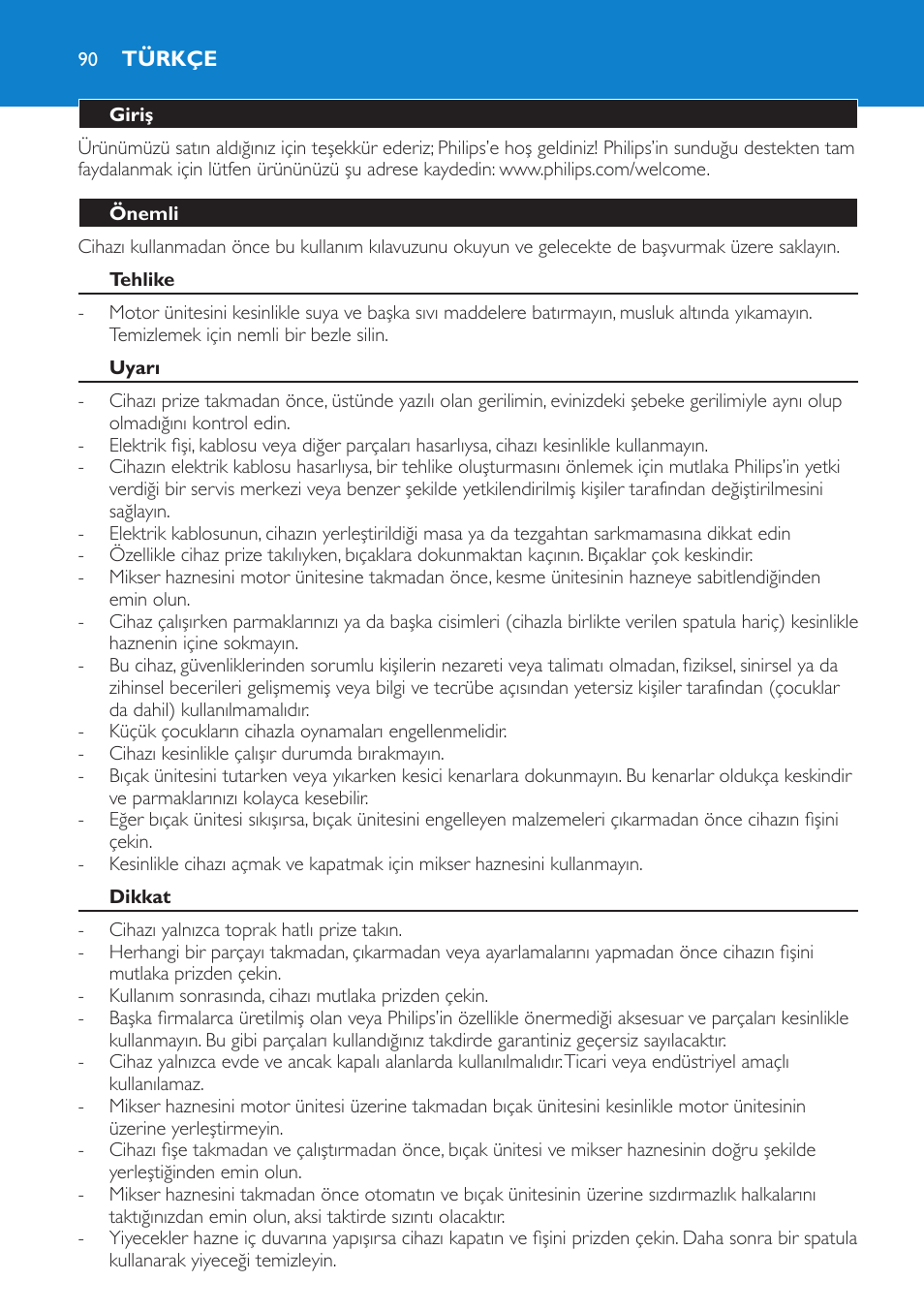 Türkçe, Giriş, Önemli | Tehlike, Uyarı, Dikkat | Philips Batidora User Manual | Page 90 / 100