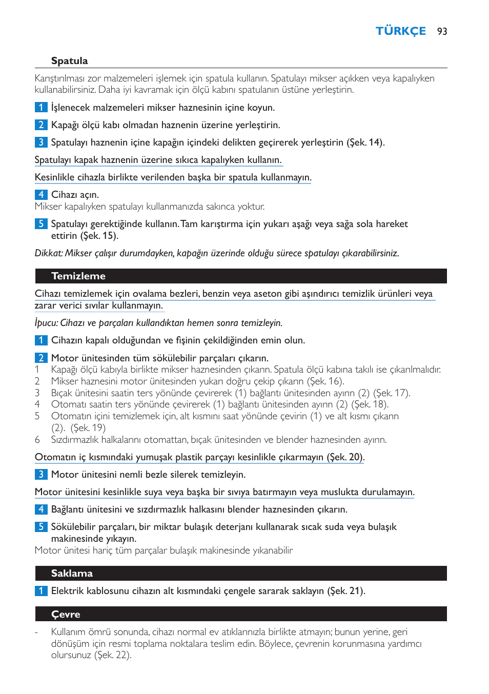 Spatula, Temizleme, Saklama | Çevre | Philips Batidora User Manual | Page 93 / 100