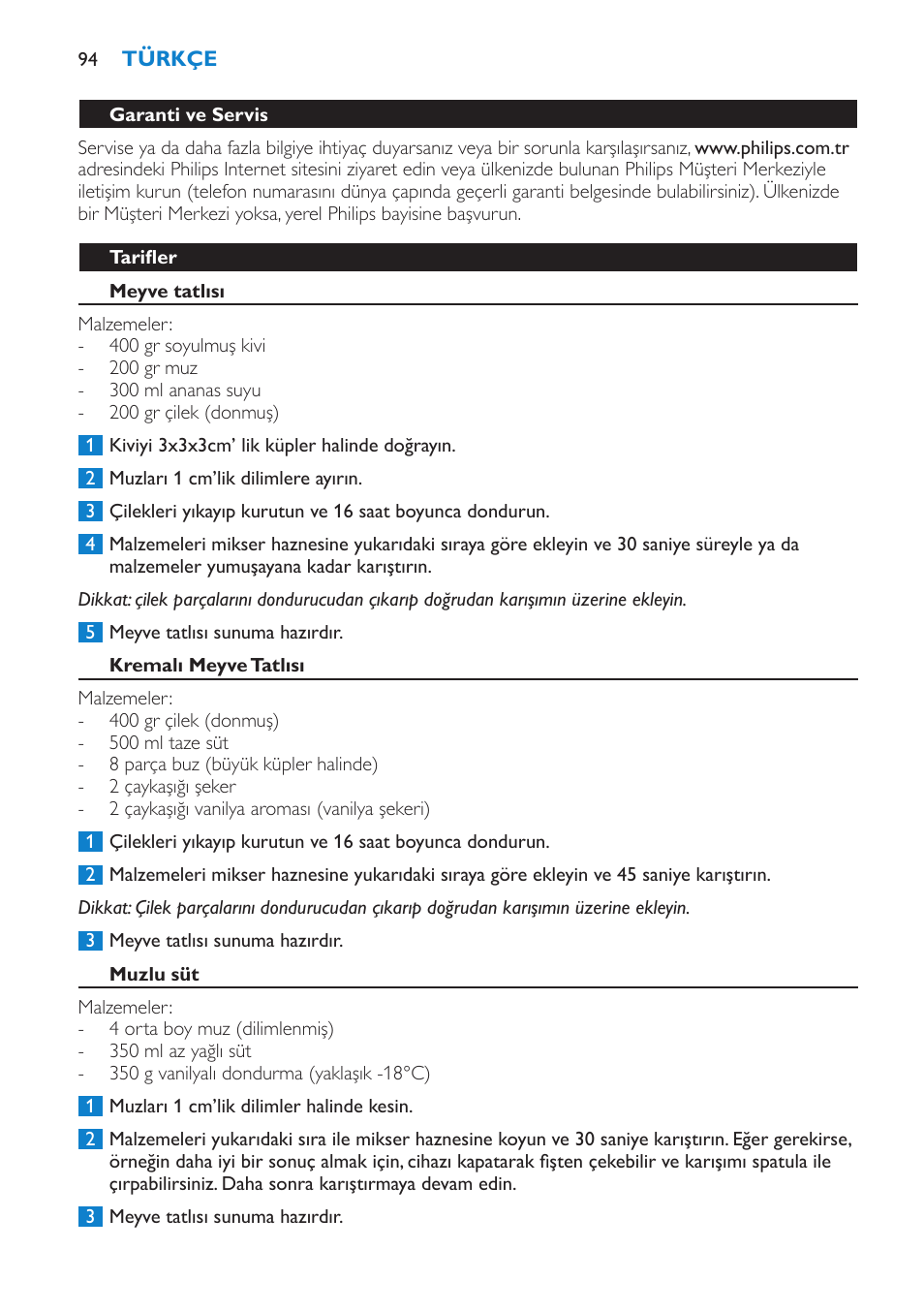 Garanti ve servis, Tarifler, Meyve tatlısı | Kremalı meyve tatlısı, Muzlu süt | Philips Batidora User Manual | Page 94 / 100