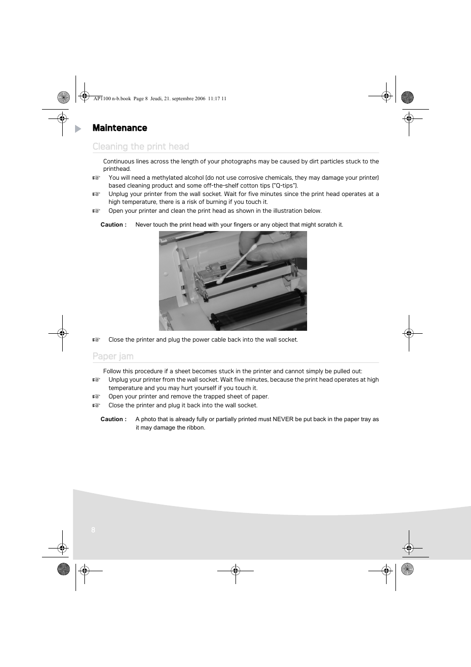 Maintenance cleaning the print head, Paper jam | AGFA AP1100 User Manual | Page 10 / 176