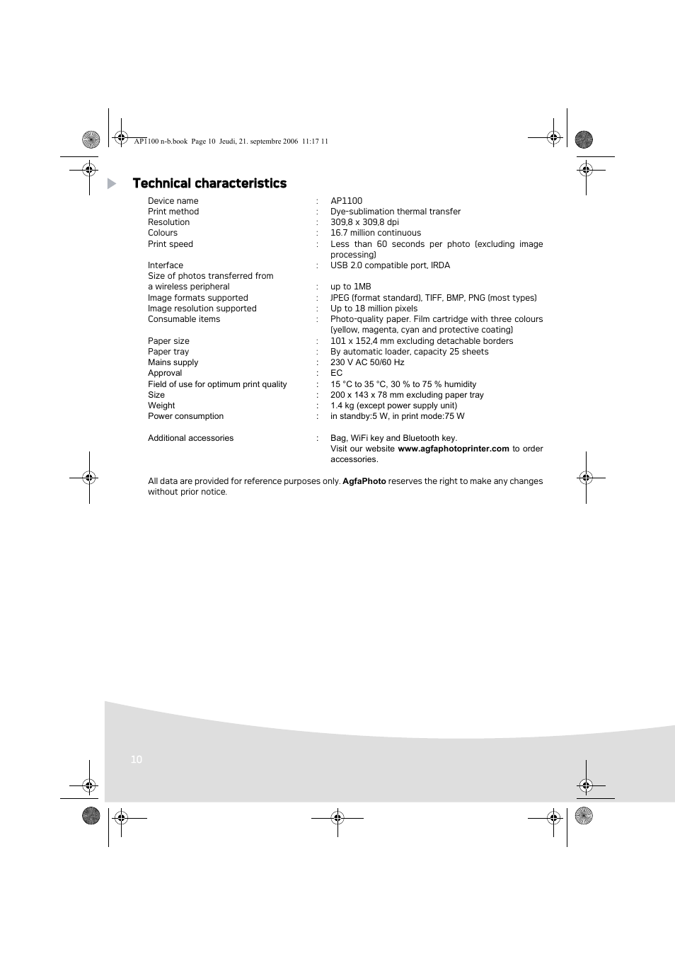 Technical characteristics | AGFA AP1100 User Manual | Page 12 / 176