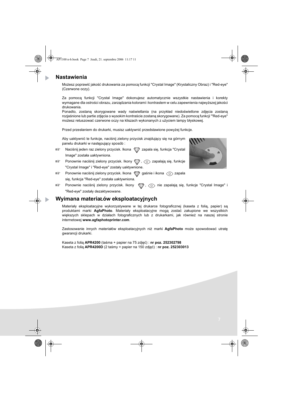 Nastawienia, Wyimana materia, Ów eksploatacyjnych | AGFA AP1100 User Manual | Page 131 / 176