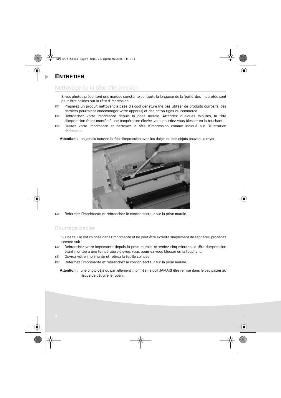 Nettoyage de la tête d'impression, Bourrage papier | AGFA AP1100 User Manual | Page 22 / 176