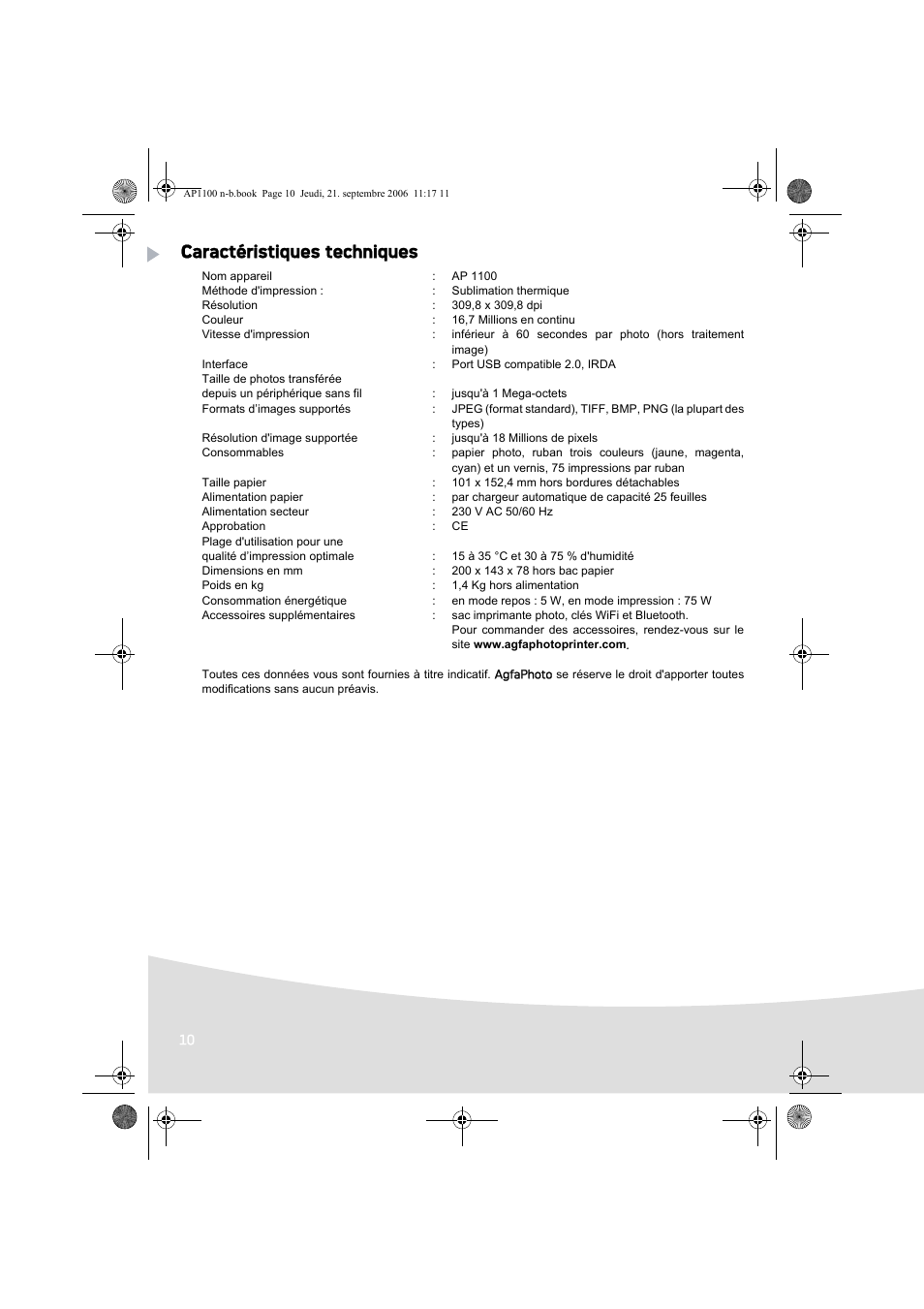 Caractéristiques techniques | AGFA AP1100 User Manual | Page 24 / 176