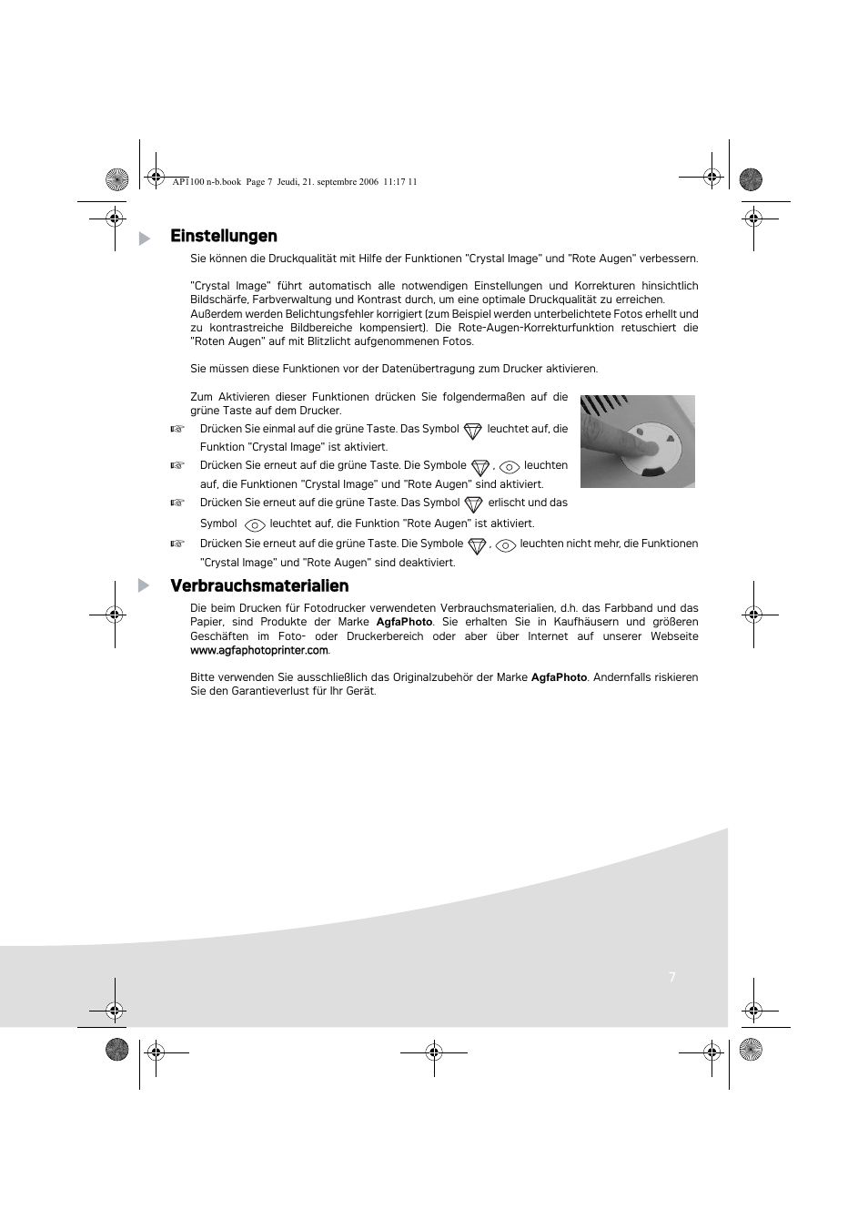 Einstellungen, Verbrauchsmaterialien | AGFA AP1100 User Manual | Page 33 / 176