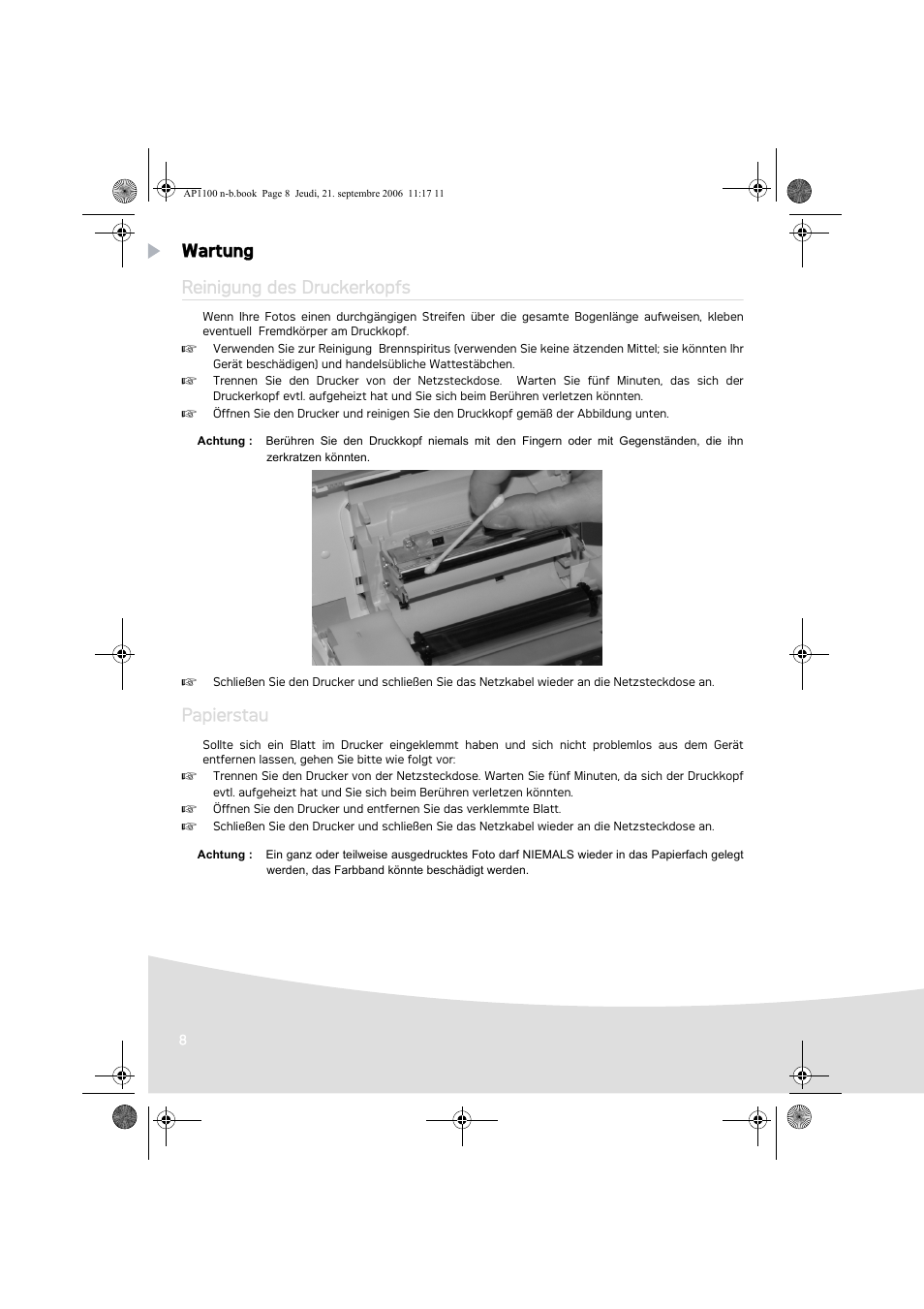 Wartung reinigung des druckerkopfs, Papierstau | AGFA AP1100 User Manual | Page 34 / 176