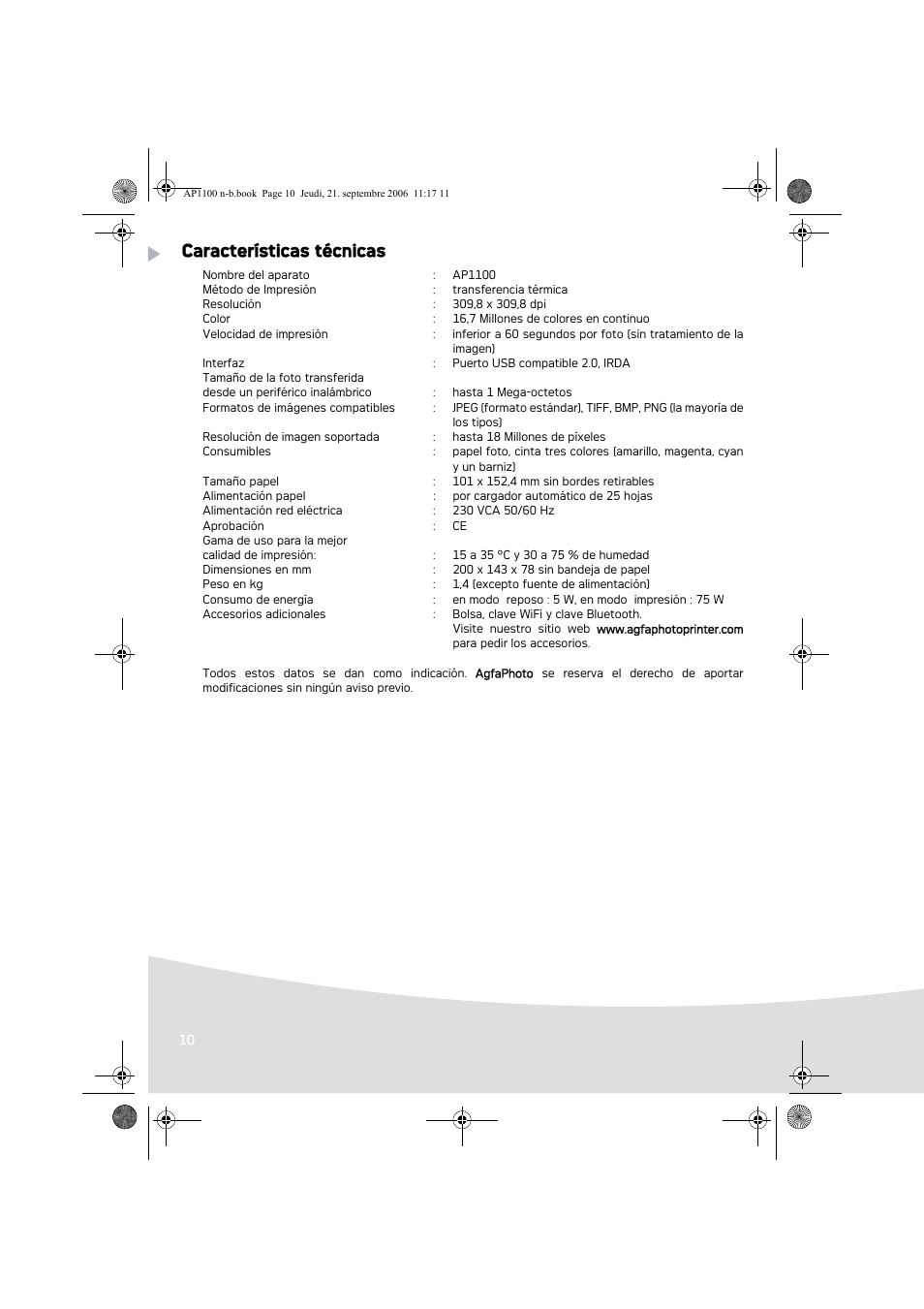 Características técnicas | AGFA AP1100 User Manual | Page 48 / 176