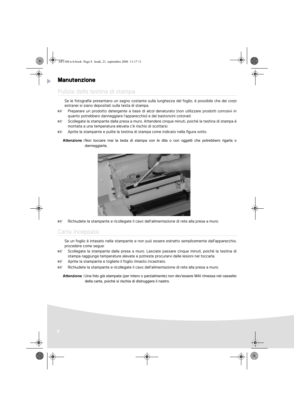 Manutenzione pulizia della testina di stampa, Carta inceppata | AGFA AP1100 User Manual | Page 58 / 176
