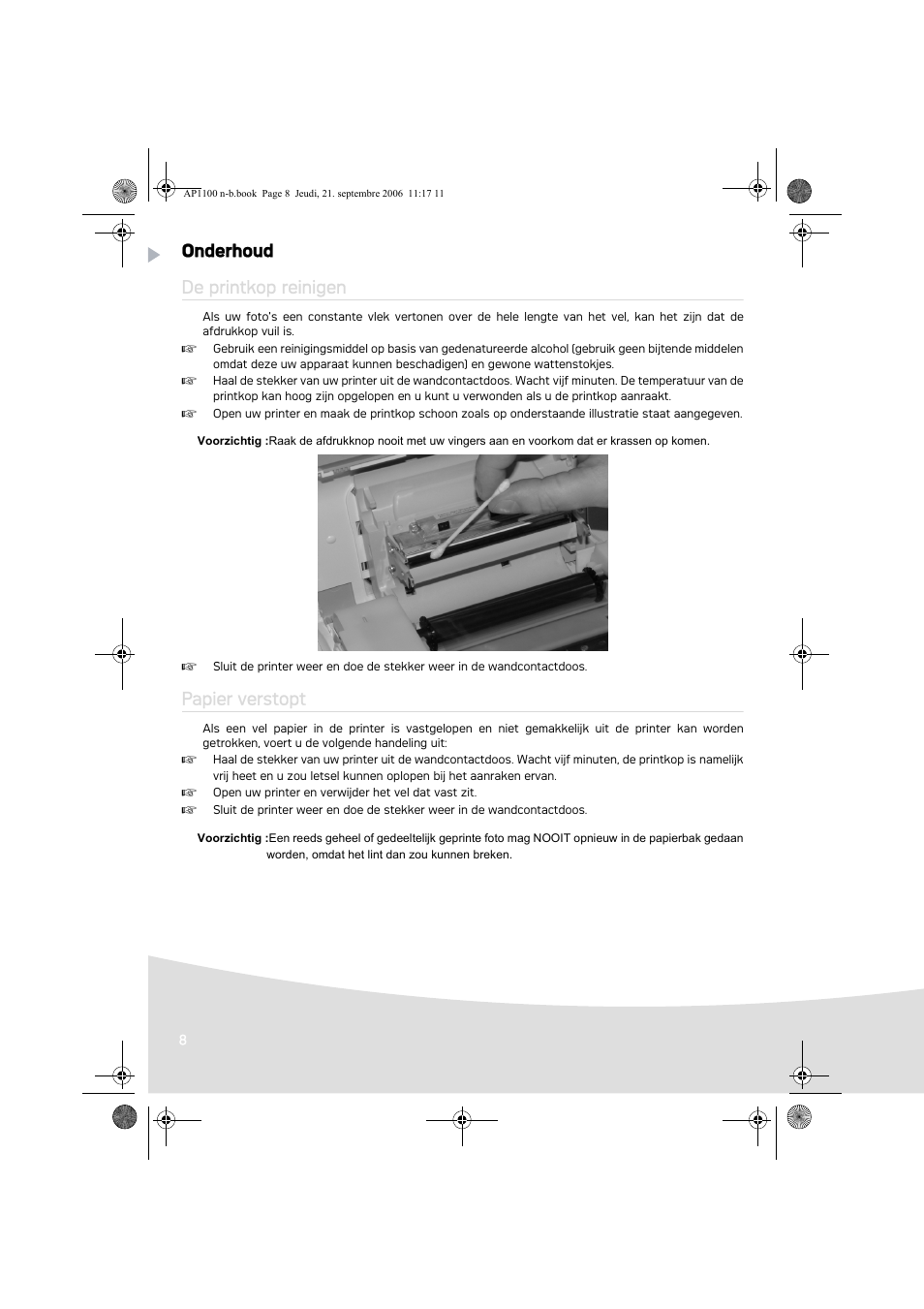 Onderhoud de printkop reinigen, Papier verstopt | AGFA AP1100 User Manual | Page 70 / 176