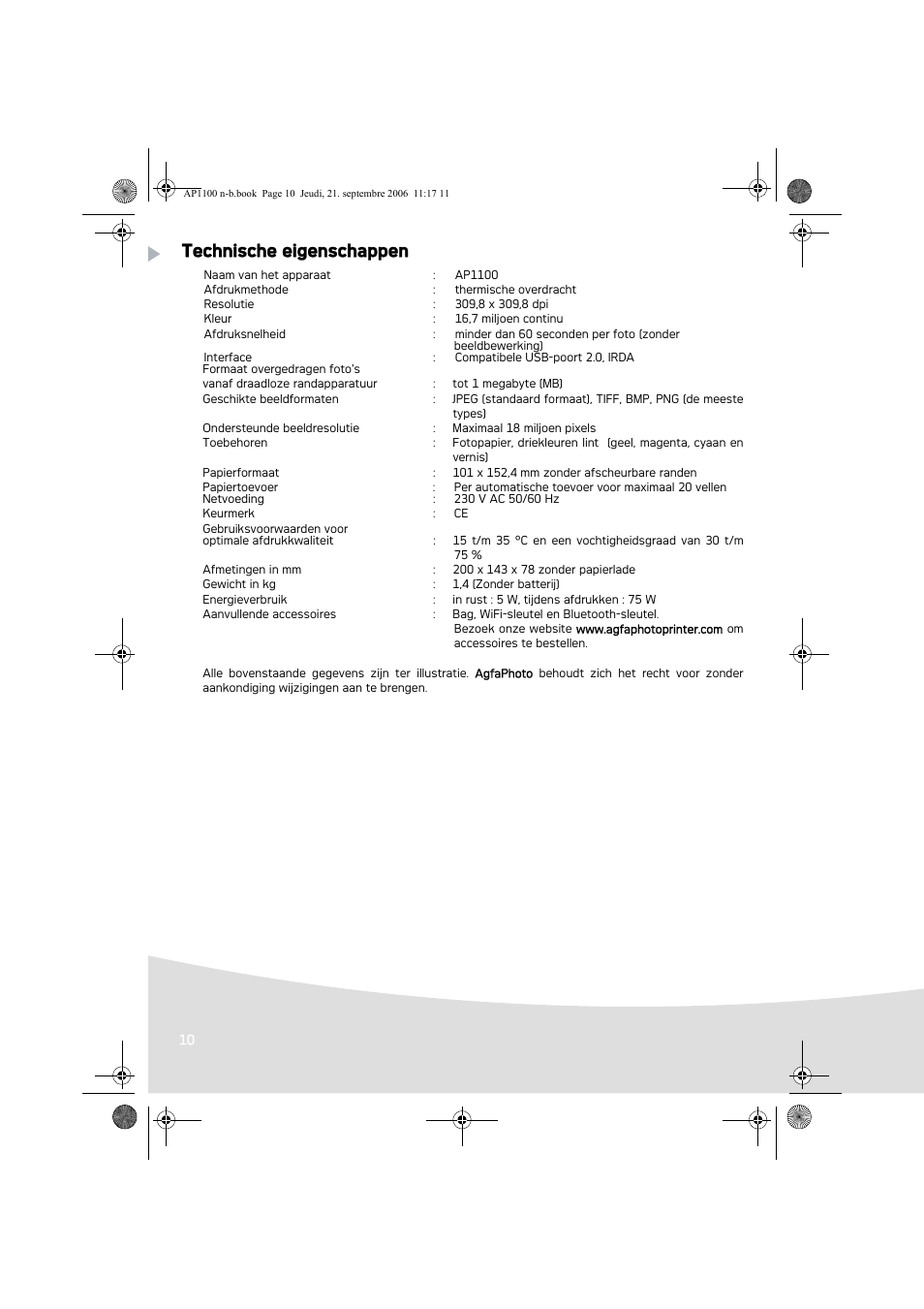 Technische eigenschappen | AGFA AP1100 User Manual | Page 72 / 176
