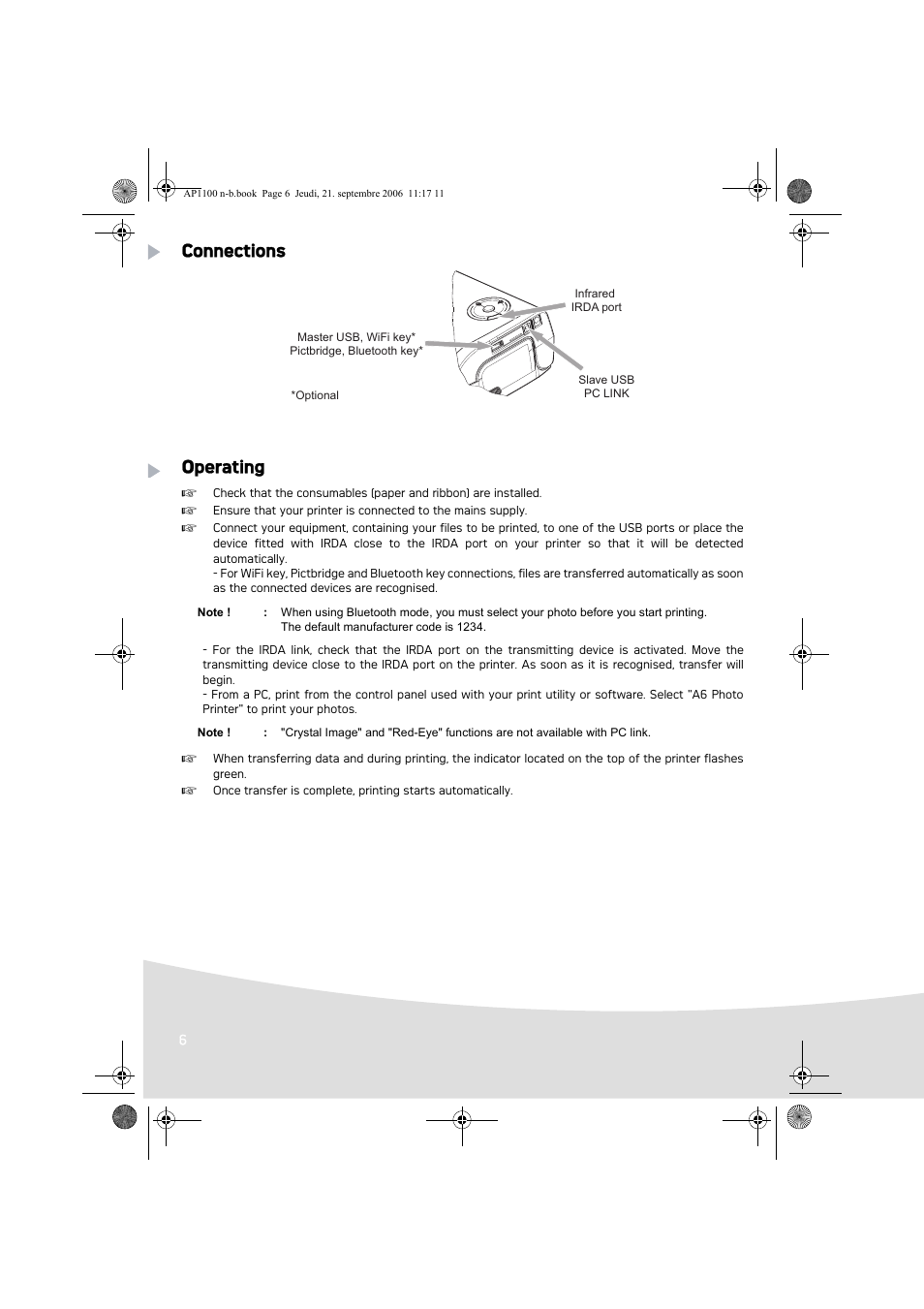 Connections operating | AGFA AP1100 User Manual | Page 8 / 176