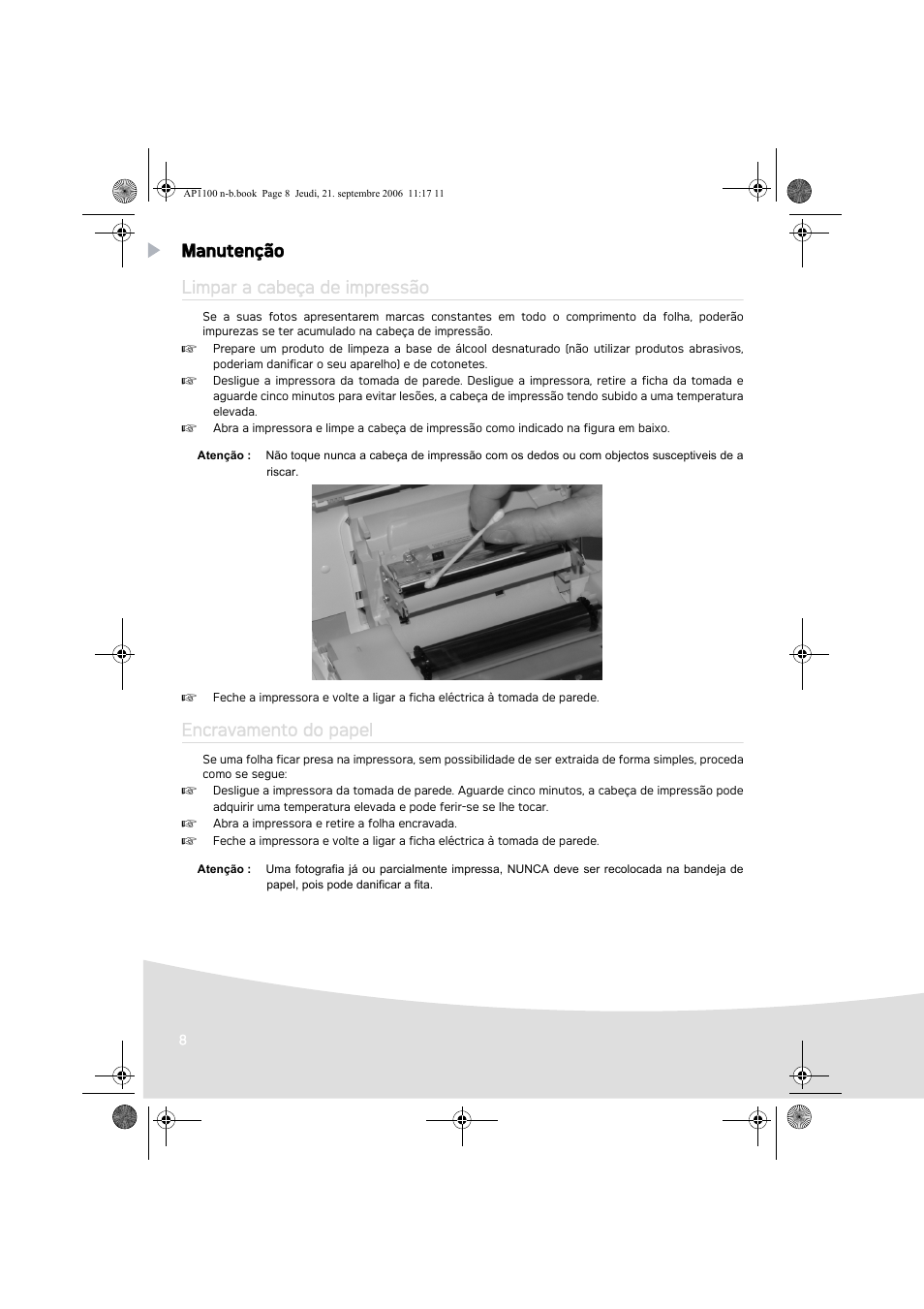 Manutenção limpar a cabeça de impressão, Encravamento do papel | AGFA AP1100 User Manual | Page 82 / 176