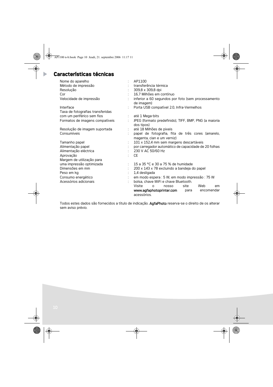 Características técnicas | AGFA AP1100 User Manual | Page 84 / 176
