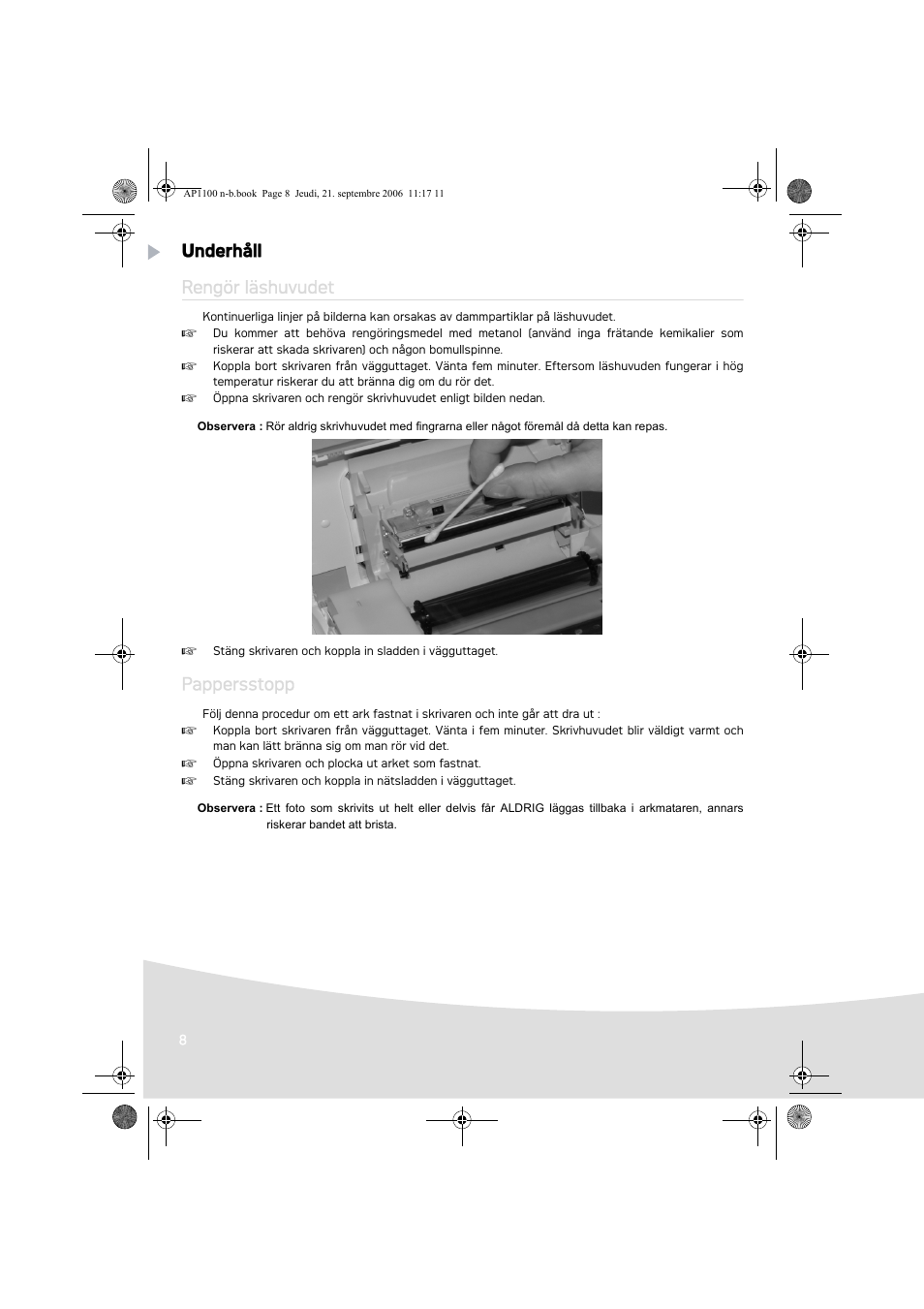 Underhåll rengör läshuvudet, Pappersstopp | AGFA AP1100 User Manual | Page 94 / 176