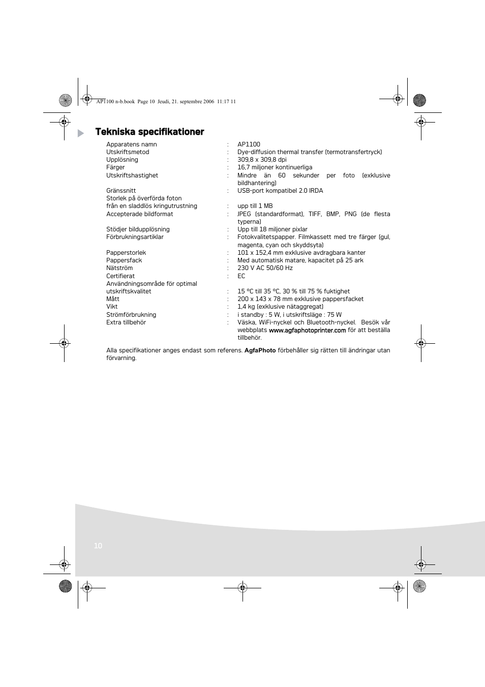 Tekniska specifikationer | AGFA AP1100 User Manual | Page 96 / 176