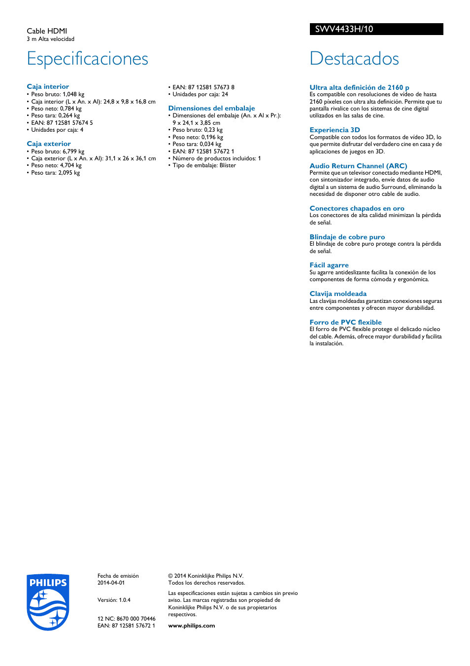 Especificaciones, Destacados | Philips Cable HDMI User Manual | Page 2 / 2