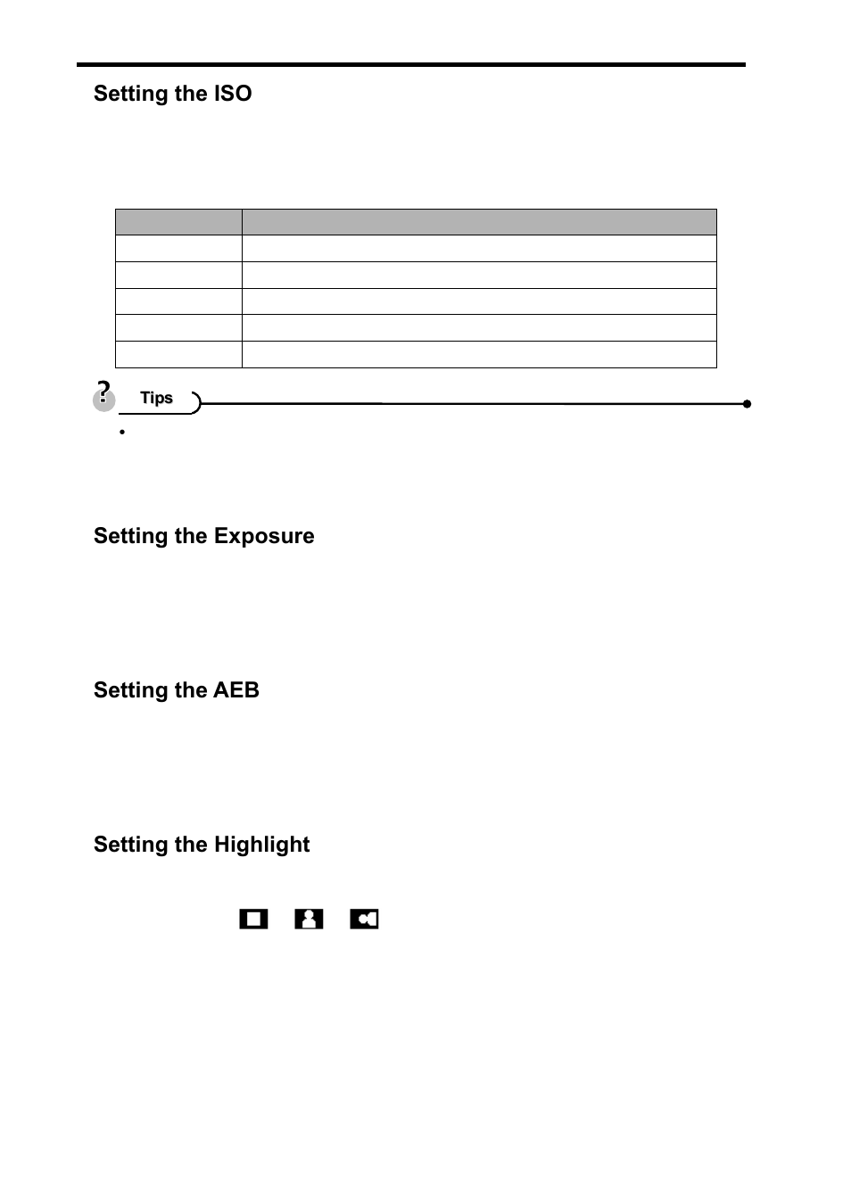 Setting the iso, Setting the exposure, Setting the aeb | Setting the highlight | AGFA DC-630i User Manual | Page 36 / 63