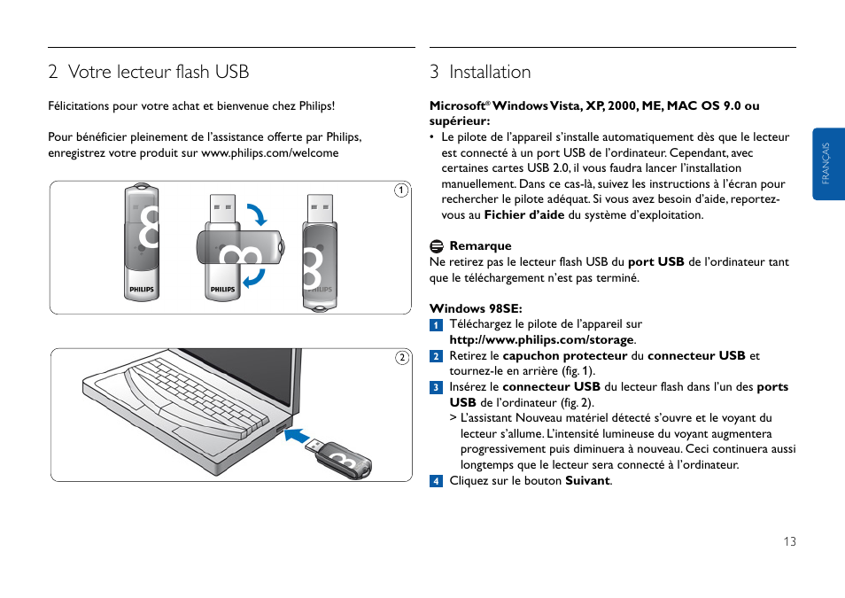 2 votre lecteur flash usb, 3 installation | Philips FMxxFD05B User Manual | Page 13 / 162