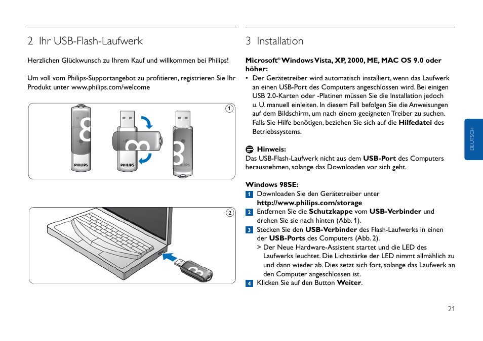 2 ihr usb-flash-laufwerk, 3 installation | Philips FMxxFD05B User Manual | Page 21 / 162