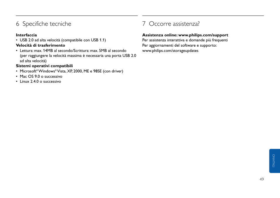 6 specifiche tecniche, 7 occorre assistenza | Philips FMxxFD05B User Manual | Page 49 / 162