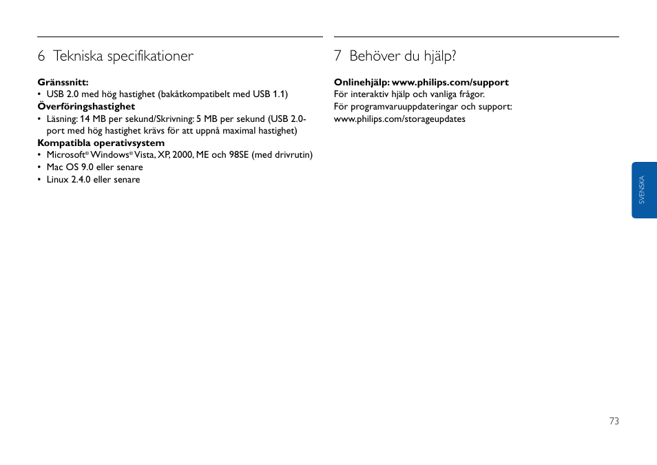 6 tekniska specifikationer, 7 behöver du hjälp | Philips FMxxFD05B User Manual | Page 73 / 162