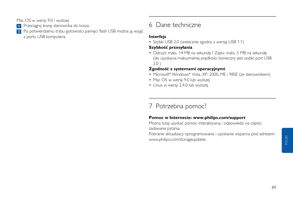 6 dane techniczne, 7 potrzebna pomoc | Philips FMxxFD05B User Manual | Page 89 / 162