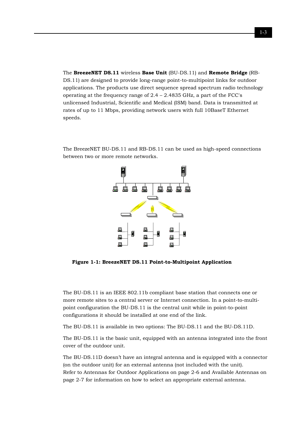 Bu-ds.11 wireless base unit, System description, Functional description 1-3 | Functional description, Figure, 1: breezenet ds.11 point-to-multipoint application | Alvarion BREEZENET BU-DS.11 User Manual | Page 15 / 92