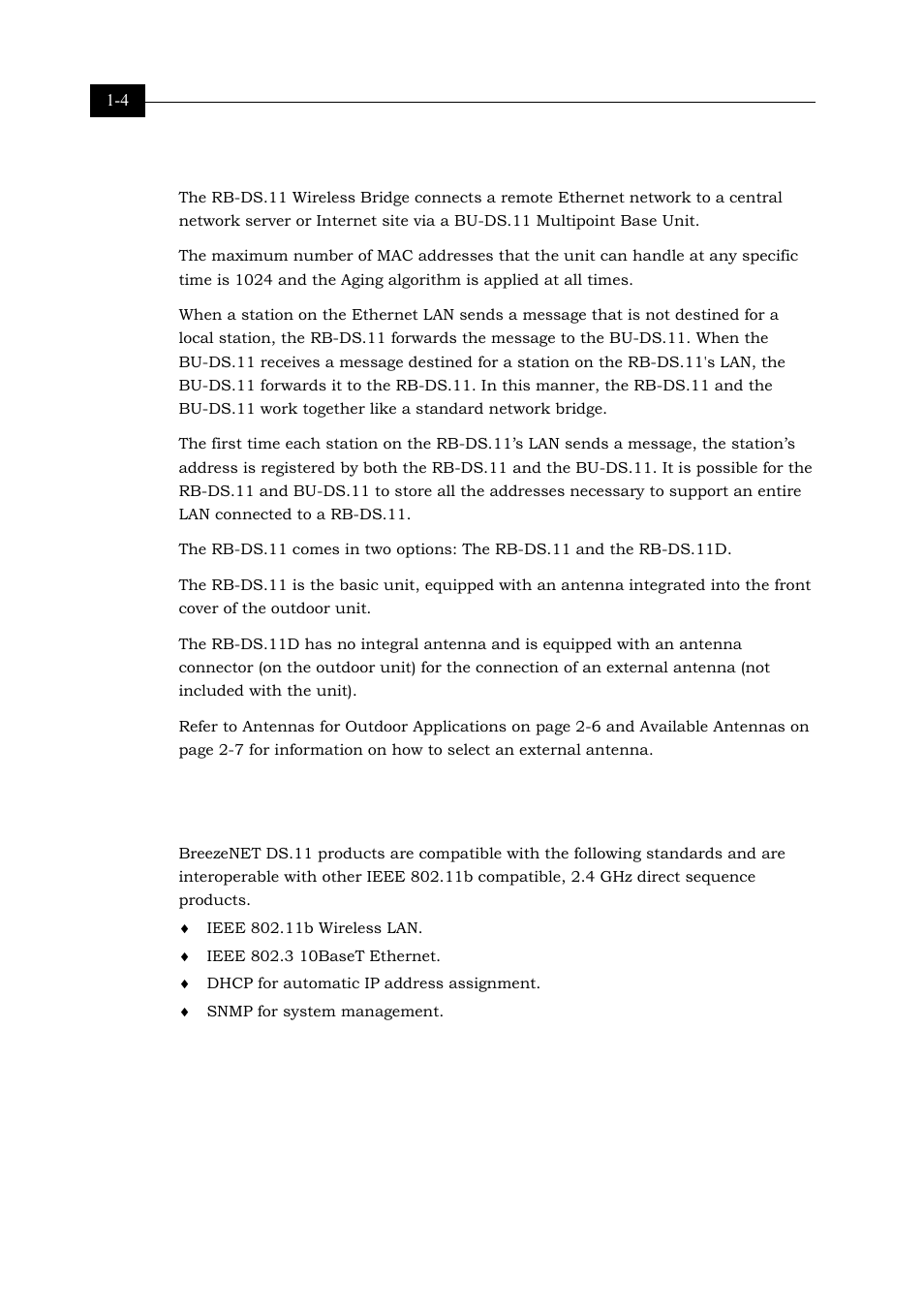 Rb-ds.11 wireless bridge, Breezenet ds.11 compatibility and standards, Breezenet ds.11 compatibility and standards 1-4 | Alvarion BREEZENET BU-DS.11 User Manual | Page 16 / 92