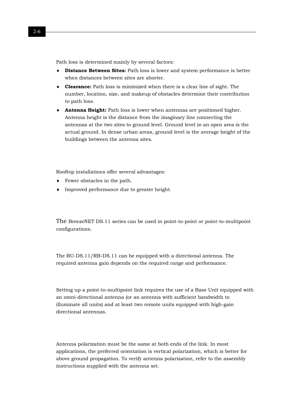 Path loss, Rooftop installation, Antennas for outdoor applications | Point-to-point, Point-to-multipoint, Antenna polarization, Antennas for outdoor applications 2-6, Antenna polarization 2-6, 6 an, Antennas for outdoor applications on p | Alvarion BREEZENET BU-DS.11 User Manual | Page 22 / 92