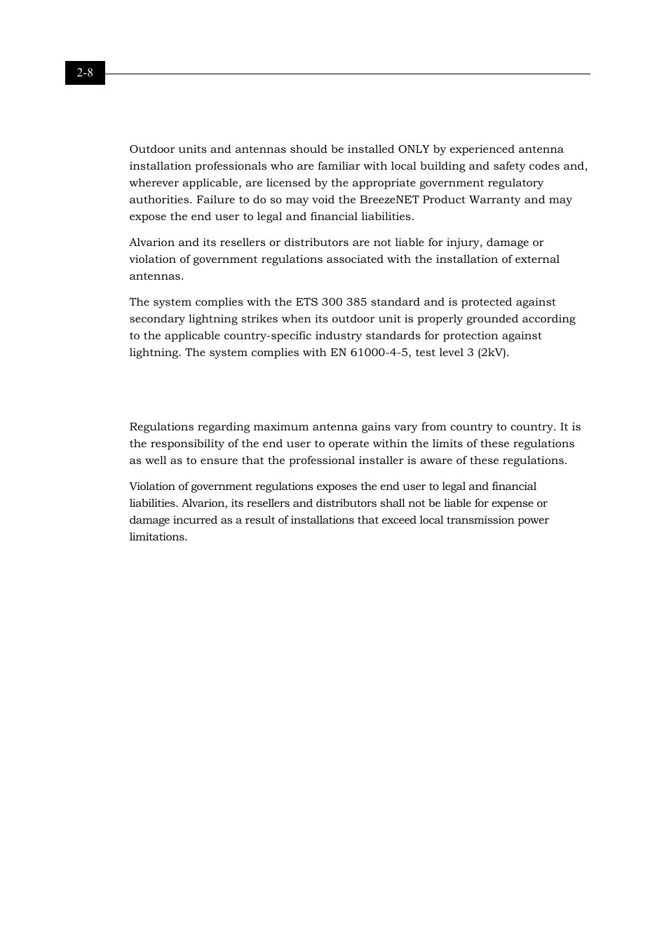 Precautions, Compliance with radio regulations, Compliance with radio regulations 2-8 | Alvarion BREEZENET BU-DS.11 User Manual | Page 24 / 92