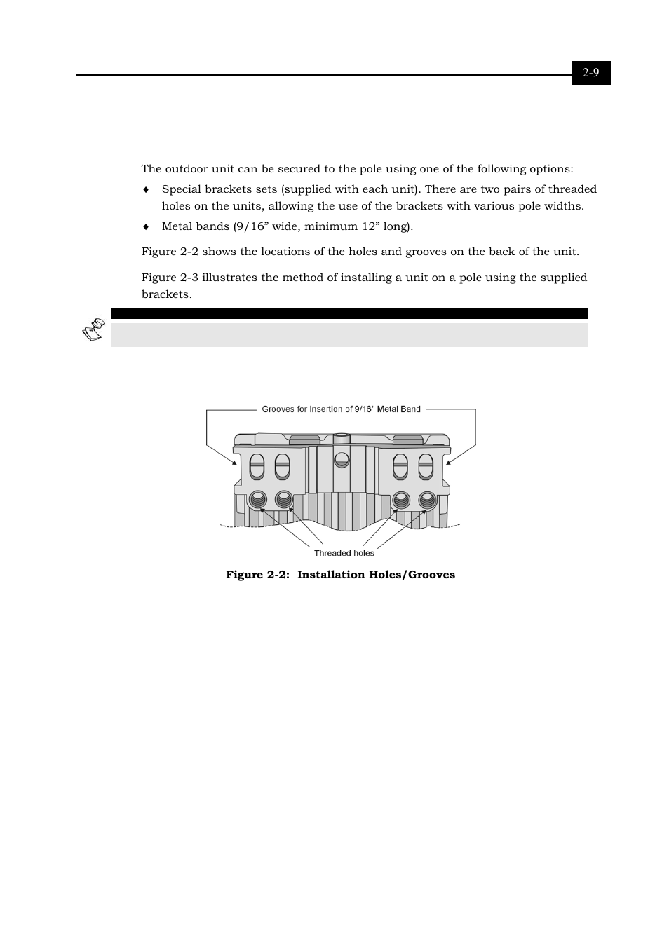 Installing the outdoor unit, Installing the outdoor unit 2-9, Figure 2-2: installation holes/grooves 2-9 | Alvarion BREEZENET BU-DS.11 User Manual | Page 25 / 92