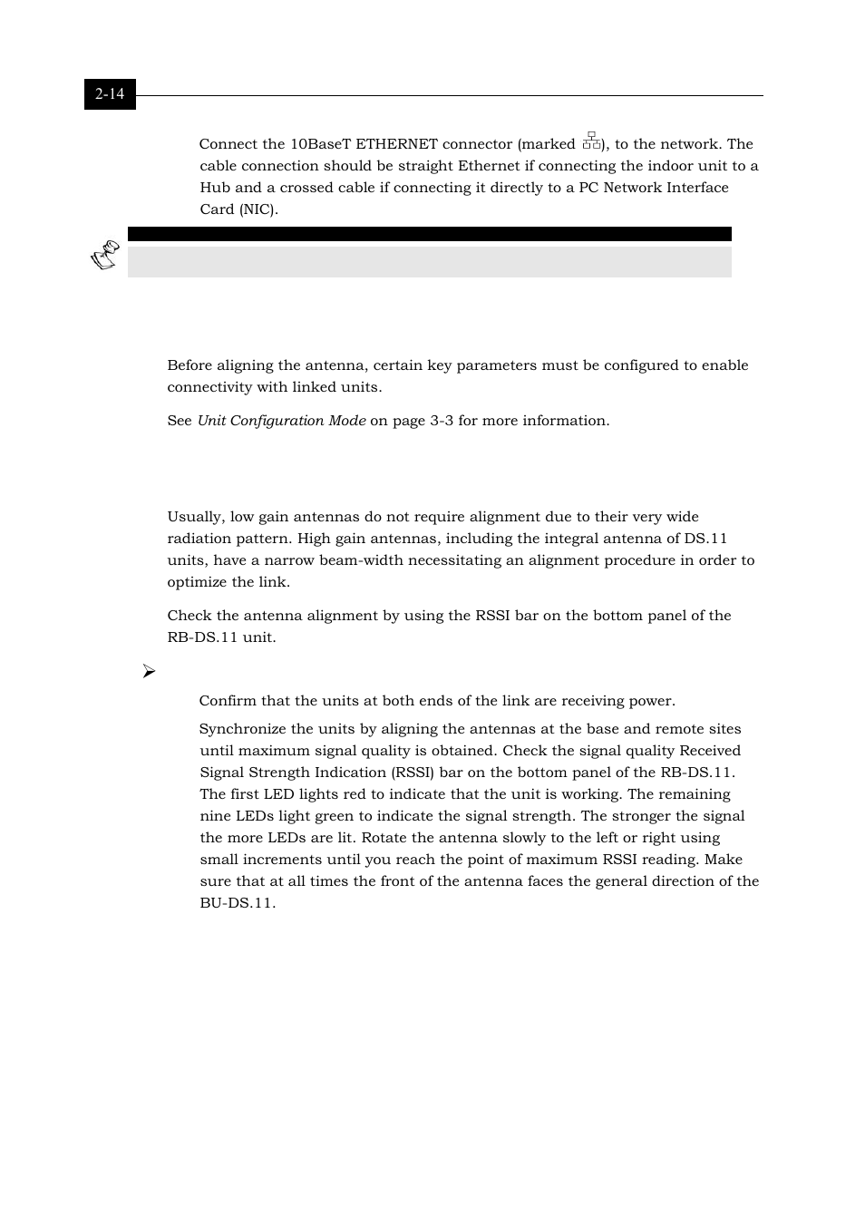 Configuring parameters, Antenna alignment, Configuring parameters 2-14 | Antenna alignment 2-14 | Alvarion BREEZENET BU-DS.11 User Manual | Page 30 / 92