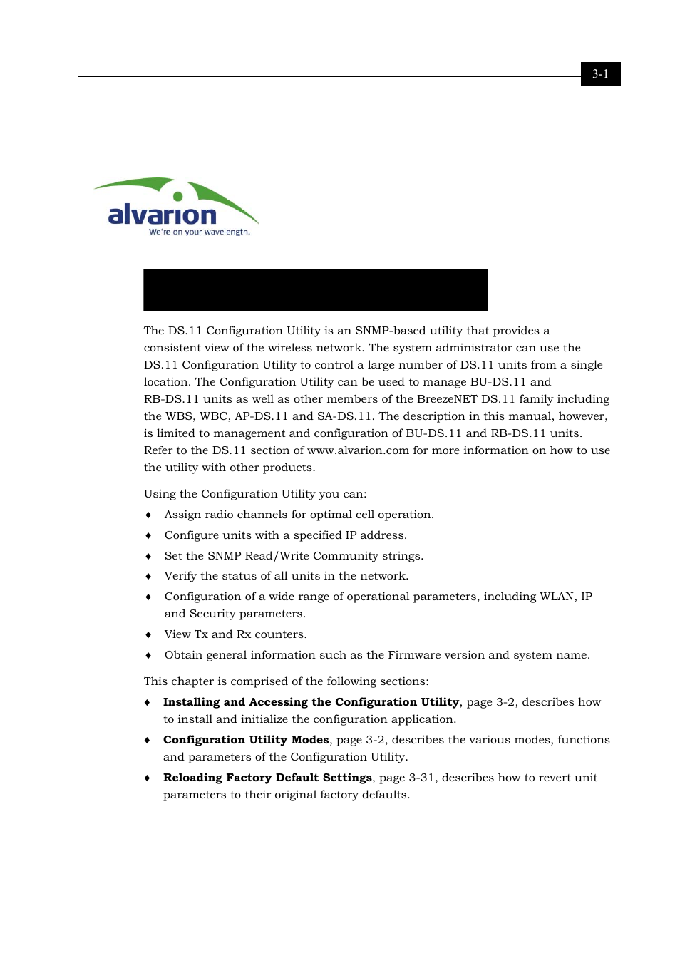 About this chapter, The ds.11 configuration utility 3-1, Chapter 3 | Alvarion BREEZENET BU-DS.11 User Manual | Page 33 / 92