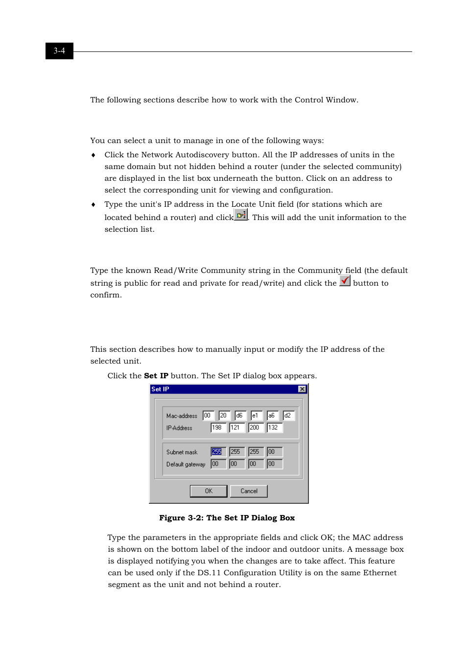 Control window, Selecting units, Setting the snmp community string | Figure 3-2: the set ip dialog box 3-4 | Alvarion BREEZENET BU-DS.11 User Manual | Page 36 / 92