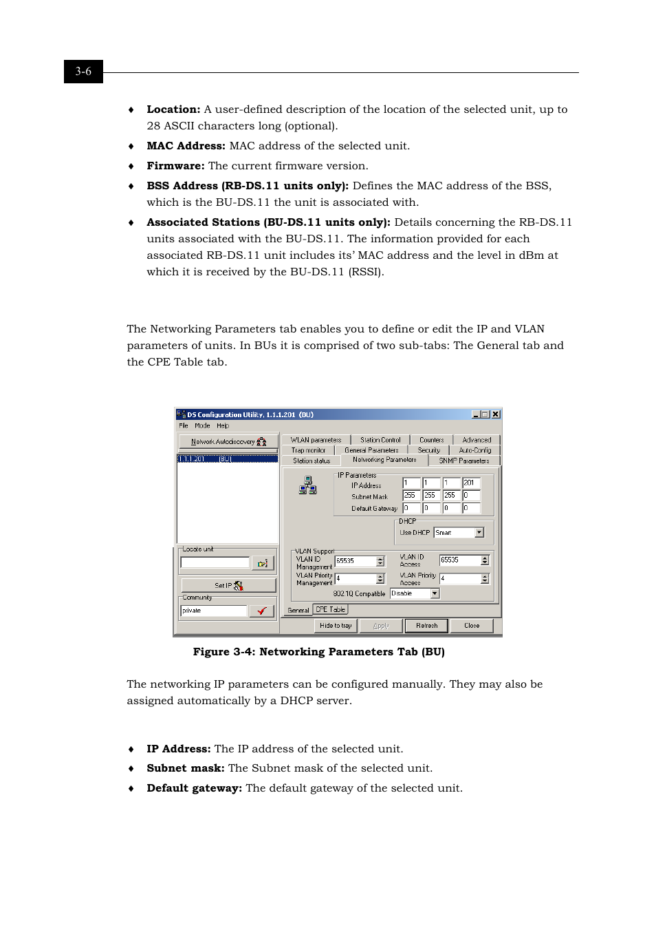 Networking parameters tab, Networking parameters-general tab, Ip parameters | Figure 3-4: networking parameters tab (bu) 3-6 | Alvarion BREEZENET BU-DS.11 User Manual | Page 38 / 92