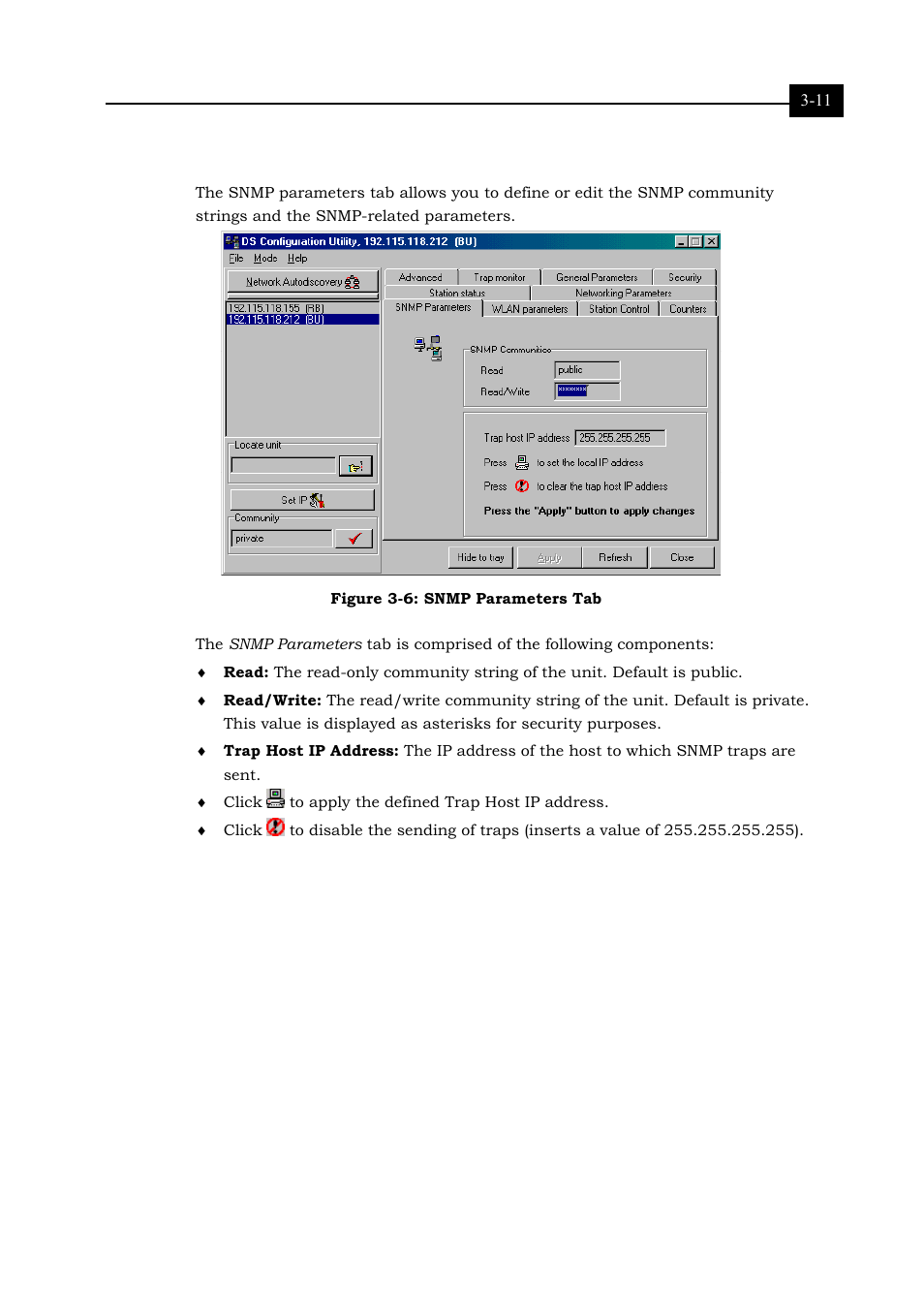 Snmp parameters tab, Figure 3-6: snmp parameters tab 3-11 | Alvarion BREEZENET BU-DS.11 User Manual | Page 43 / 92