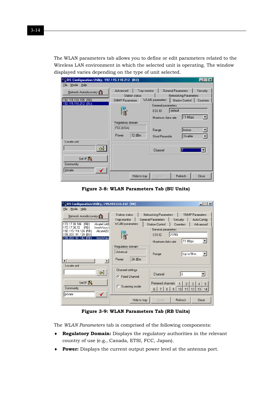 Wlan parameters tab, Figure 3-8: wlan parameters tab (bu units) 3-14, Figure 3-9: wlan parameters tab (rb units) 3-14 | Alvarion BREEZENET BU-DS.11 User Manual | Page 46 / 92