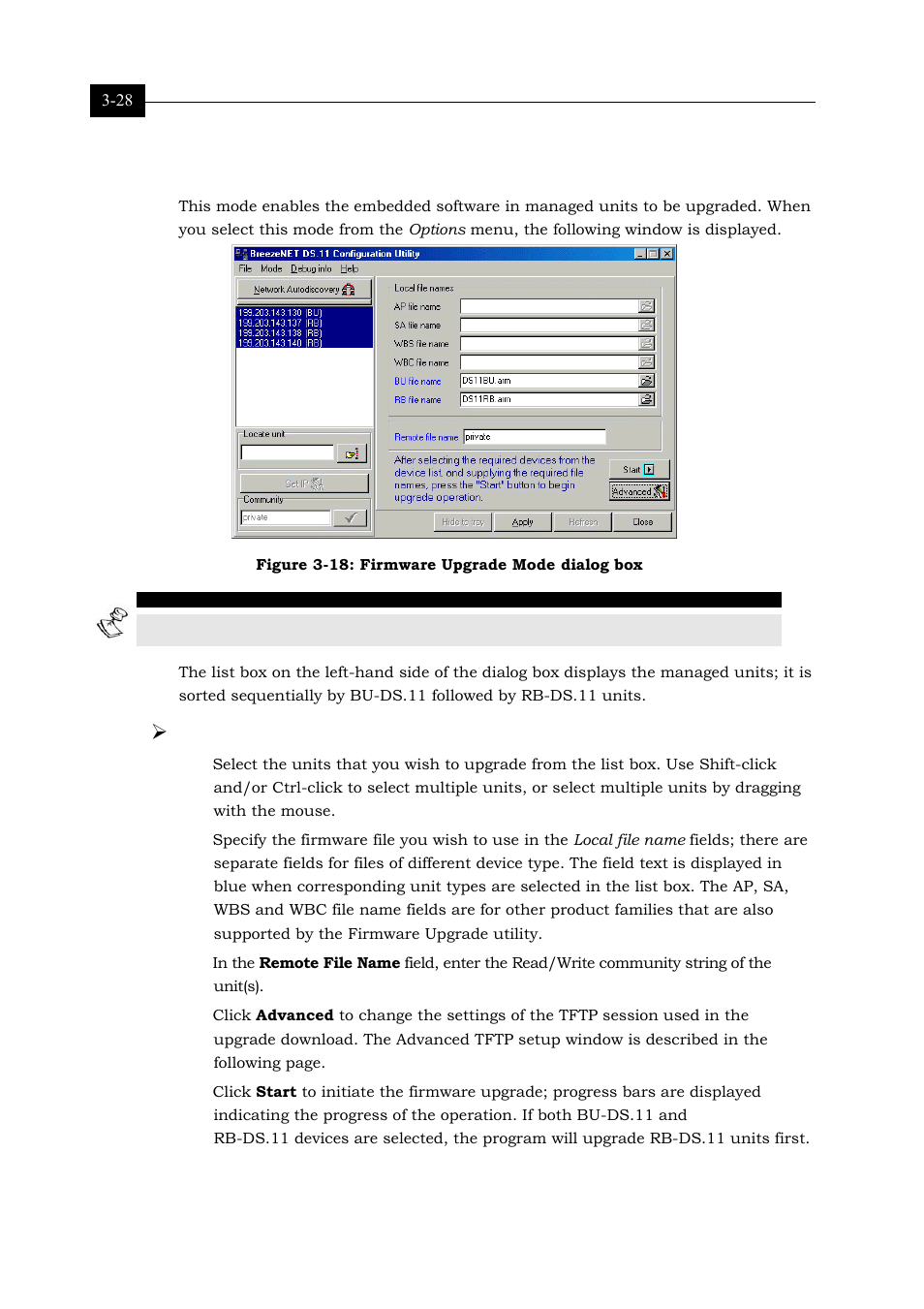 Firmware upgrade mode, Firmware upgrade mode 3-28, Figure 3-18: firmware upgrade mode dialog box 3-28 | Alvarion BREEZENET BU-DS.11 User Manual | Page 60 / 92