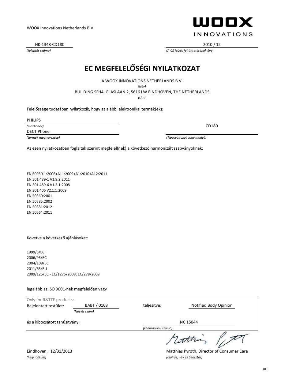 Ec megfelelőségi nyilatkozat | Philips CD180 User Manual | Page 13 / 21