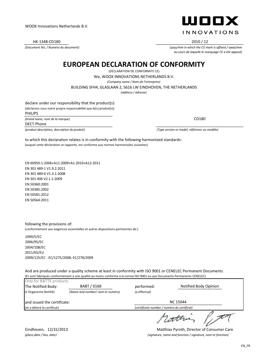 European declaration of conformity | Philips CD180 User Manual | Page 2 / 21