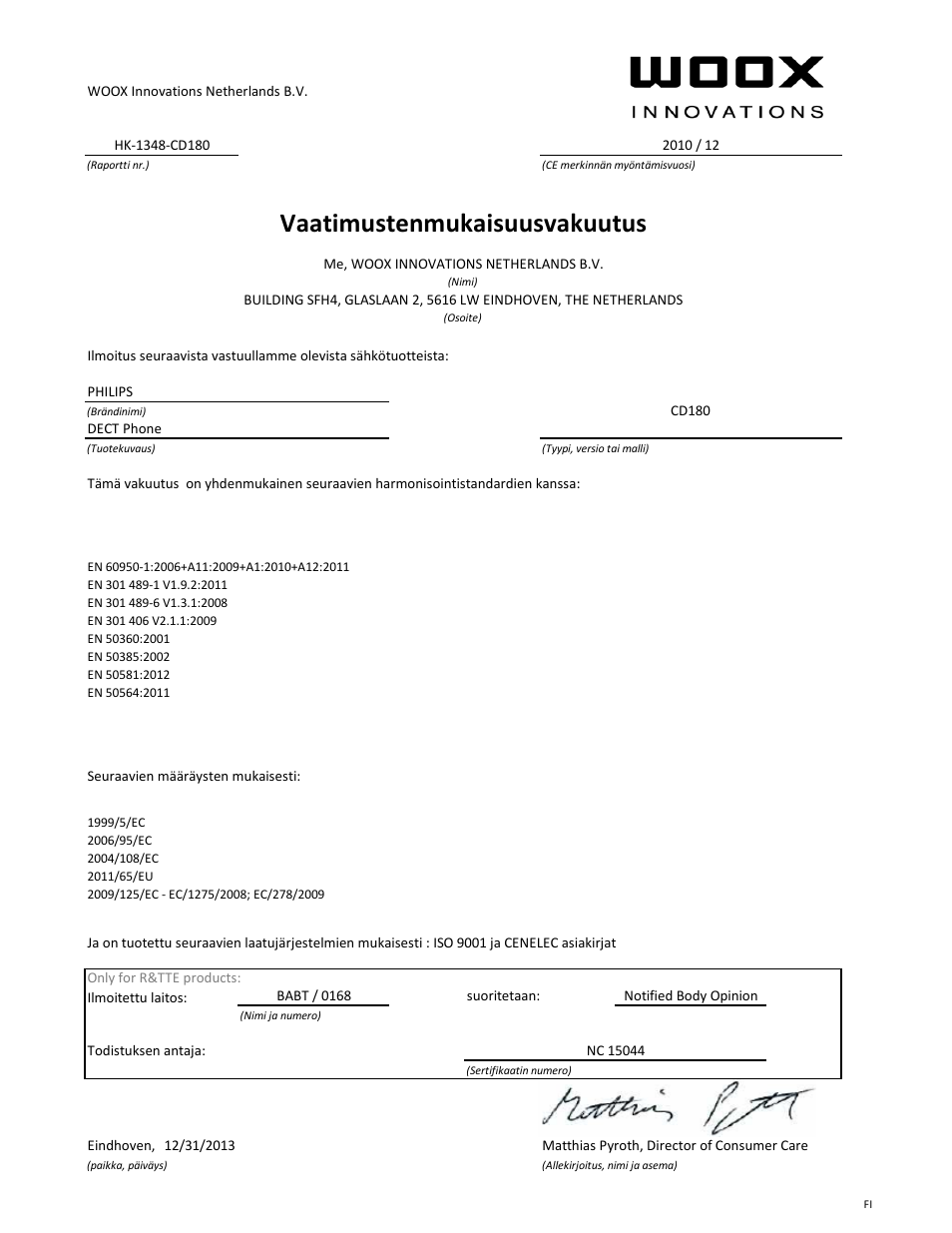 Vaatimustenmukaisuusvakuutus | Philips CD180 User Manual | Page 6 / 21