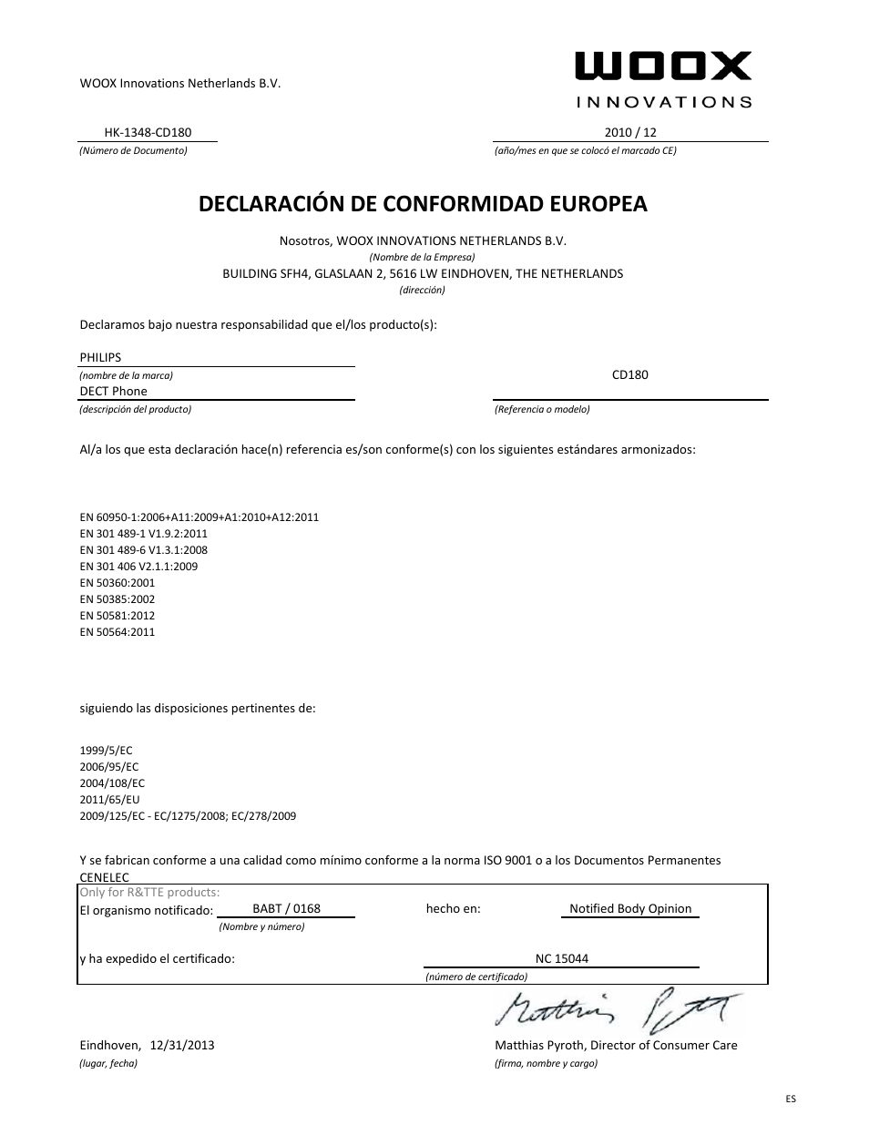 Declaración de conformidad europea | Philips CD180 User Manual | Page 7 / 21