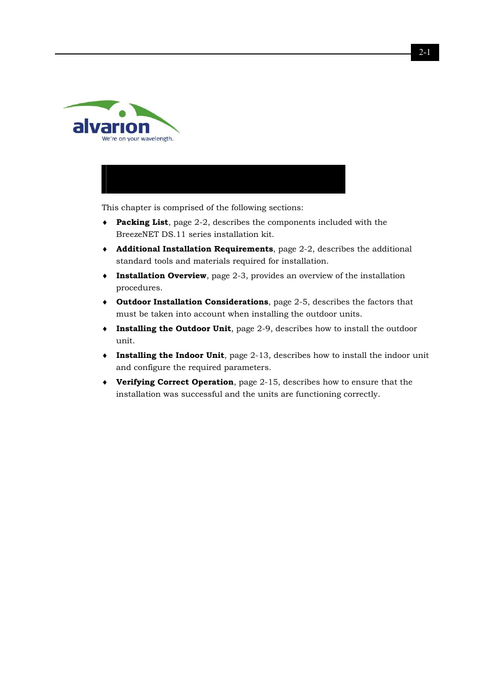 About this chapter, Installation 2-1, Chapter 2 | Alvarion BREEZENET RB-DS.11 User Manual | Page 17 / 92