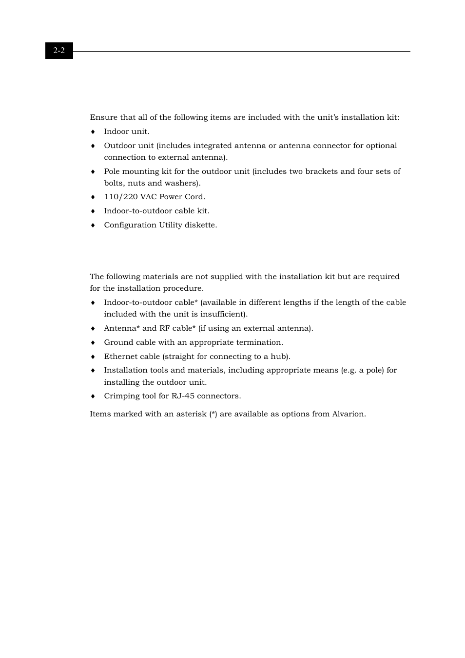 Packing list, Additional installation requirements, Additional installation requirements 2-2 | Alvarion BREEZENET RB-DS.11 User Manual | Page 18 / 92