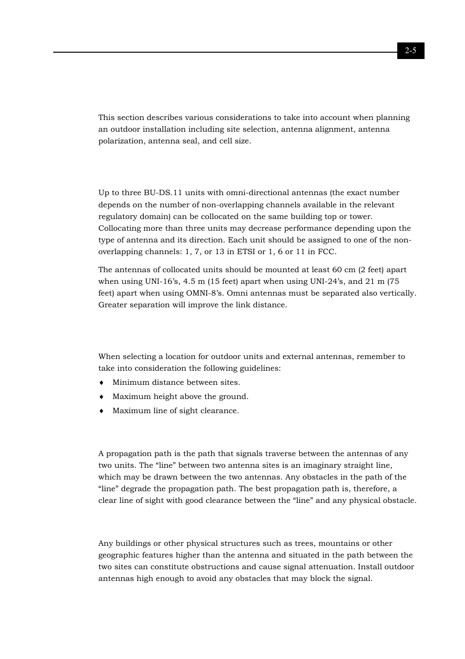 Outdoor installation considerations, Collocating ds.11 outdoor units, Site selection factors | Path of clearest propagation, Physical obstacles, Outdoor installation considerations 2-5, Collocating ds.11 outdoor units 2-5, Site selection factors 2-5, 5, describes the | Alvarion BREEZENET RB-DS.11 User Manual | Page 21 / 92