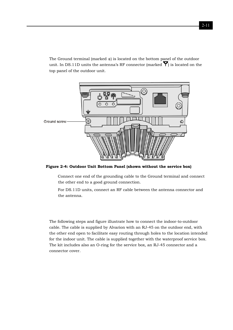 Connecting the ground and antenna cables, Connecting the indoor-to-outdoor cable, Connecting the ground and antenna cables 2-11 | Connecting the indoor-to-outdoor cable 2-11 | Alvarion BREEZENET RB-DS.11 User Manual | Page 27 / 92