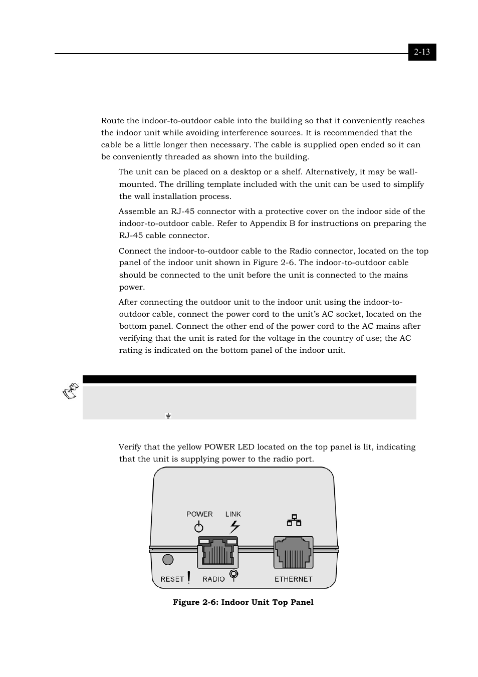Installing the indoor unit, Installing the indoor unit 2-13, Figure 2-6: indoor unit top panel 2-13 | 13, descri | Alvarion BREEZENET RB-DS.11 User Manual | Page 29 / 92