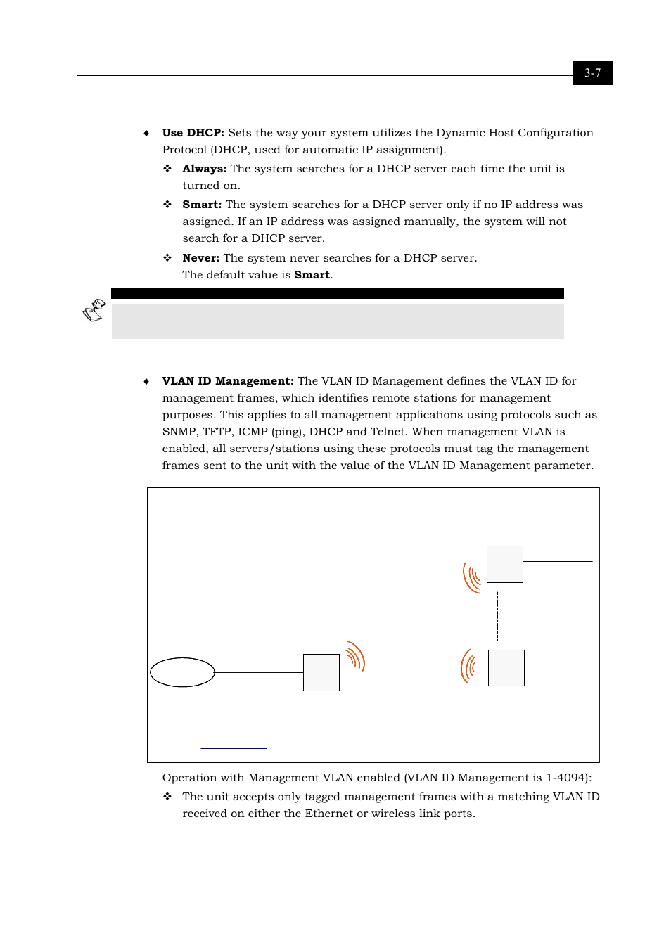 Dhcp, Vlan support, Management vlan | Alvarion BREEZENET RB-DS.11 User Manual | Page 39 / 92