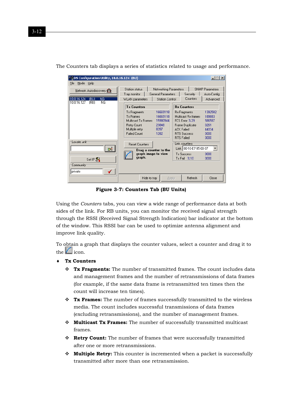 Counters tab, Figure 3-7: counters tab (bu units) 3-12 | Alvarion BREEZENET RB-DS.11 User Manual | Page 44 / 92