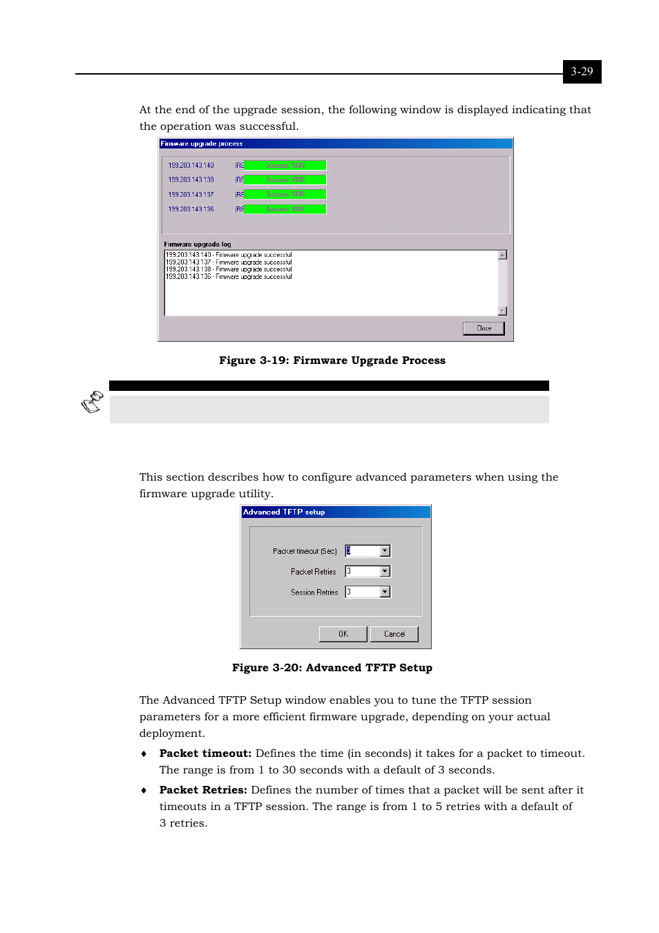 Advanced tftp settings, Figure 3-19: firmware upgrade process 3-29, Figure 3-20: advanced tftp setup 3-29 | Alvarion BREEZENET RB-DS.11 User Manual | Page 61 / 92